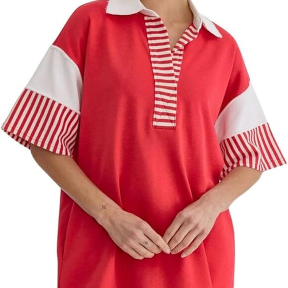Polo Collared Candy Striped Loose Fitting Mini Dress With Side Pockets - Picture 1 of 4